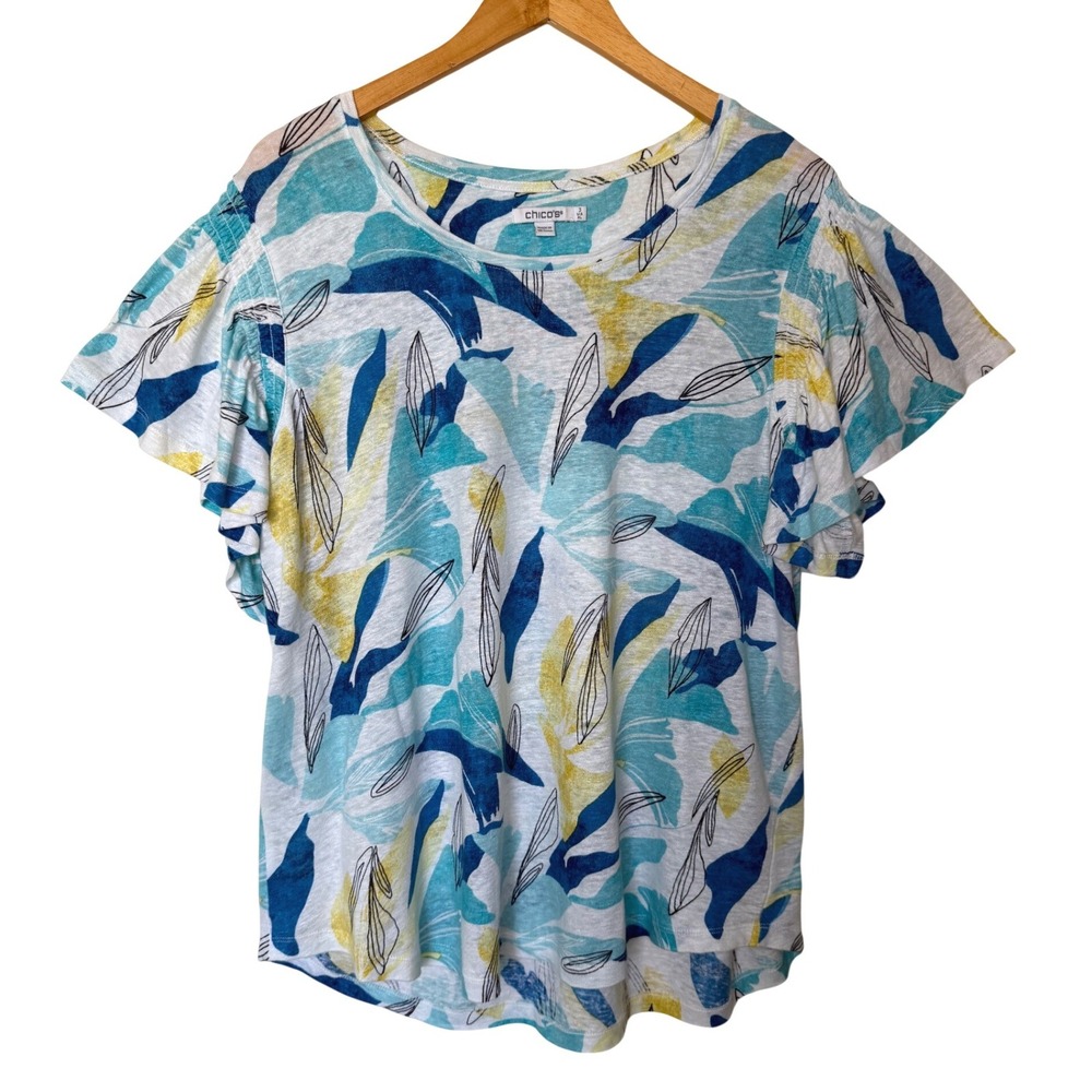 Chicos 100% Linen Tropical Print Flutter Sleeve Top Resort Coastal Chic XL